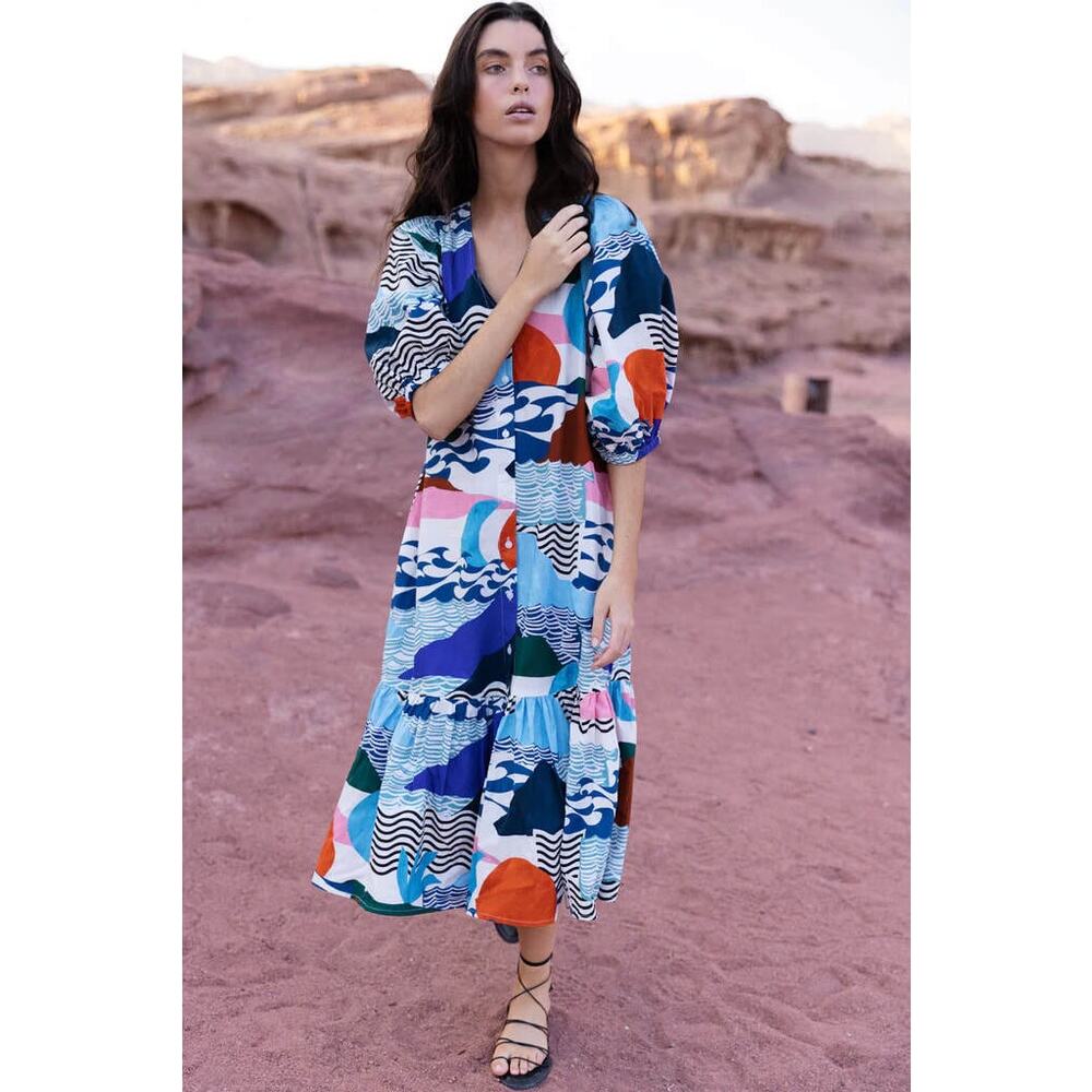 NEW Oliphant White Pacifica Puff Sleeve Button Midi Dress Ocean Motif
